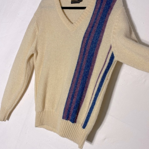 Vintage Wolsey Cream Purple Blue Wool Knit Pullover V Neck Sweater S - Picture 4 of 14